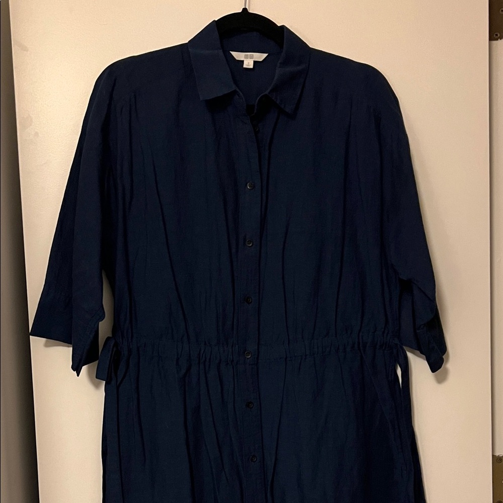 Uniqlo Navy Blue Linen Button-Up Dress